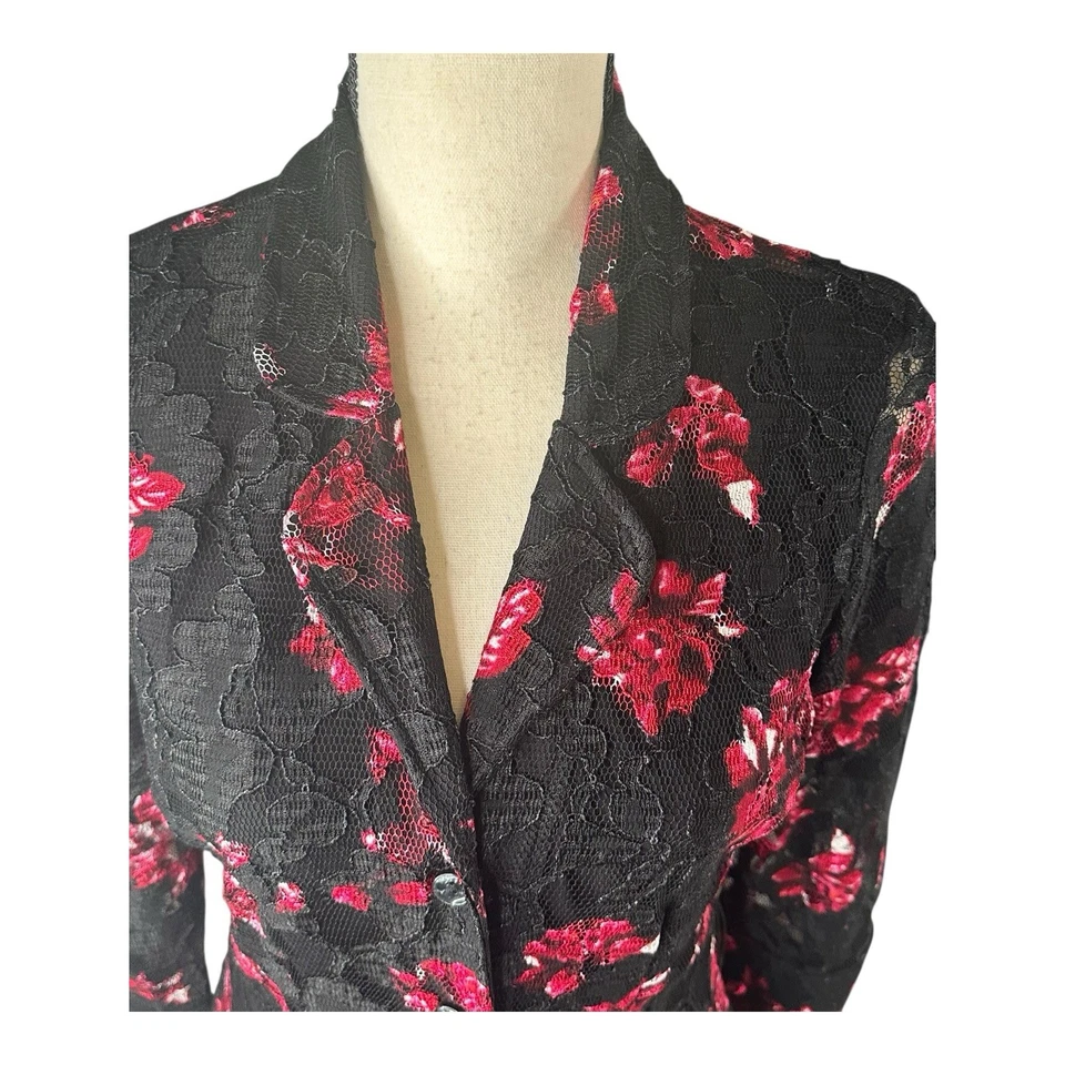 Chaqueta Blazer INC International Concepts Floral Rojo Negro Encaje Mujer’s Talla M Foto 2 de 4