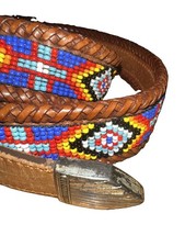 Vintage Native American South Western Leather Aztec Bead Belt 36  