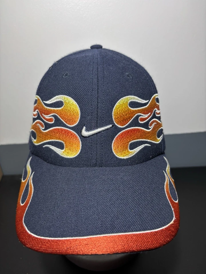 Sombrero Y2K Vintage *Grial* Nike Swoosh Flames Azul Y Naranja Bordado 100% Lana Foto 2 de 4