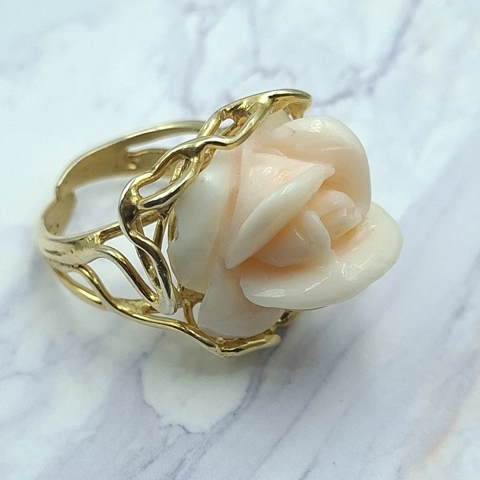Anello  Fiore Rosa vero corallo Rosa del Giappone Argento 925 Oro Giallo 18 KT - Immagine 4 di 4