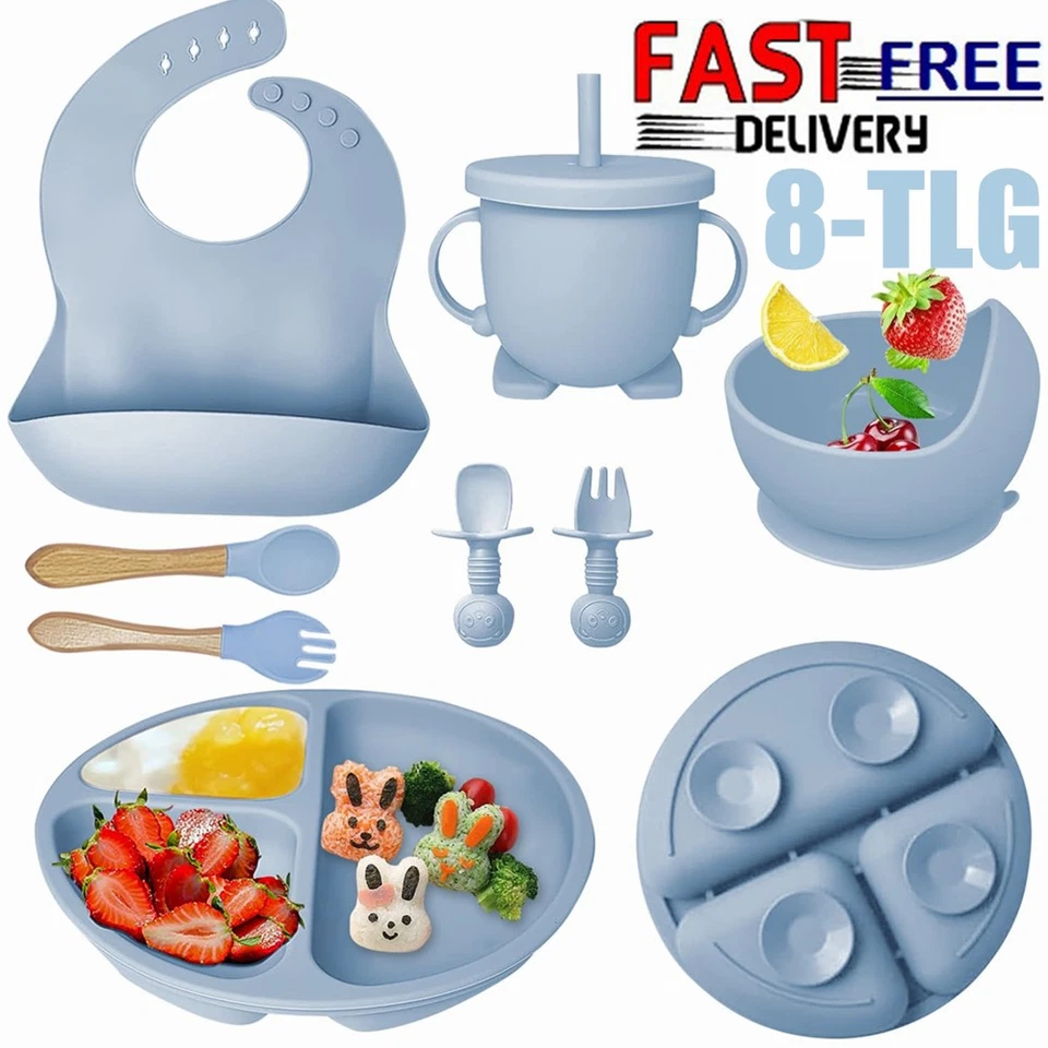 8 Stücke Baby Silikon Teller Kindergeschirr Sets Geschirrset Saugnapf Rutschfest - Bild 3 von 4