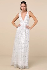Lulus Womens Solita White Sequin Mesh Sleeveless Maxi Dress L Bridal Prom Event
