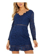 QUIZ Womens Navy Lace Scalloped Long Sleeve V Neck Short Party Body Con Dress 6