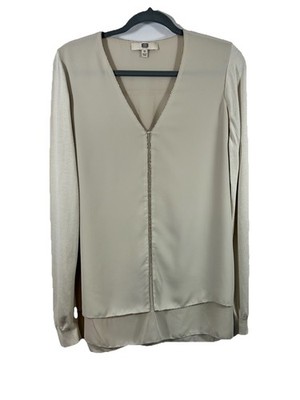 E3 by Etcetera Silk Blend Mixed Media V-Neck Top Size 10 Champagne Silver Chain