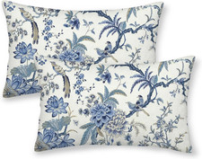 Chinoiserie Spring Pillow Covers 12x20 Set of 2, Birds Bule Floral Farmhouse Dec