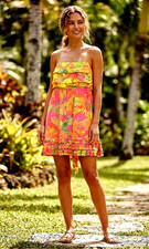 FARM RIO Mixed Tropical Birds Neon Mini Dress Cotton Tiered Size XL Flirty Boho