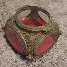 Vintage Ormolu Brass Casket Jewelry Box-Filigree and Cherub-Beveled Glass