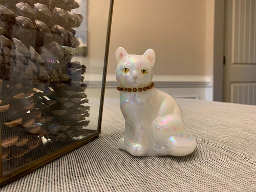 Vintage Fenton Glass Figurine Opalescent Cat November Birthstone Topaz Signed!