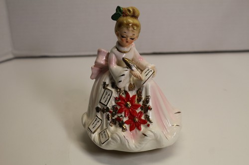 Vtg Josef Originals Girl Writing Christmas Cards Letters Music Box Poinsettias - Picture 2 of 12