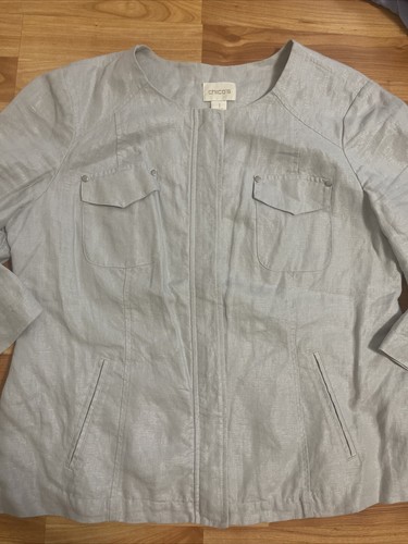 NEW CHICO’S 3/4 Sleeve Linen Zip Jacket Gray Shine sz 1 - Picture 2 of 4
