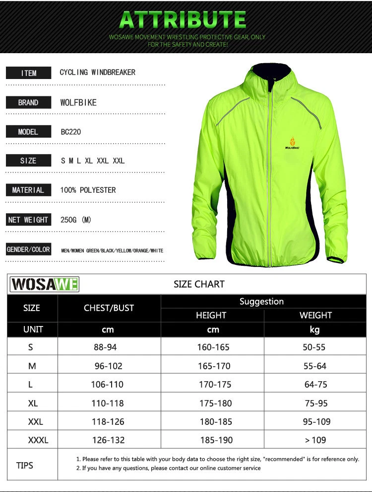 WOSAWE Cycling Windproof Waterproof Jacket Bike Racing Reflective Wind Jersey