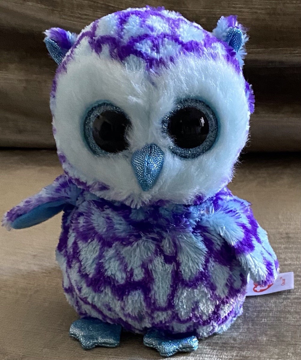 TY Beanie Boo Oscar the OWL Plush Blue Purple Big Glitter Eyes