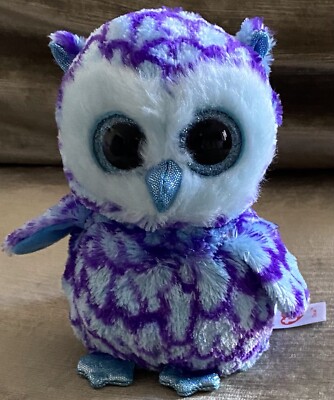 TY Beanie Boo Oscar the OWL Plush Blue Purple Big Glitter Eyes