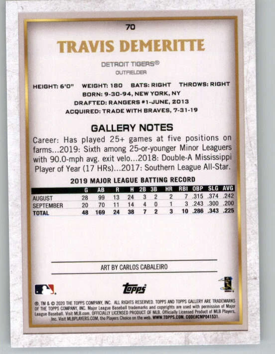 2020 Topps Gallery #70 Travis Demeritte RC (ref 150353) - Image 2 of 2