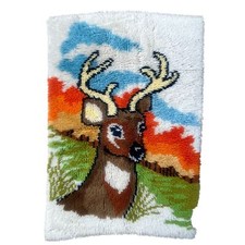 Autumn Deer 60s to 70s Vintage Hooked Rug Latch Hook Wall Hanging