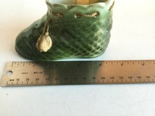 VTG Miniature Porcelain BABY SHOE Bootie Slipper Green 4.2 w/ beige tie 4.5"