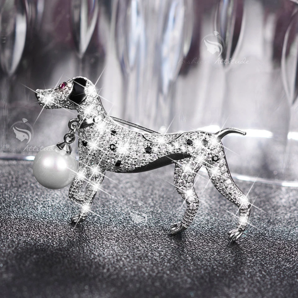 18K GOLD GP MADE WITH SWAROVSKI CRYSTAL PEARL DALMATIAN DOG BROOCH BLACK CLEAR - Imagem 2 de 4