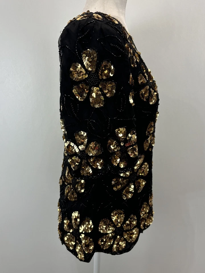 Blusa Camisa De Colección Stenay Lentejuelas Talla Mediana Para Mujer Negra Dorada Margarita Floral Años 80 Foto 4 de 4
