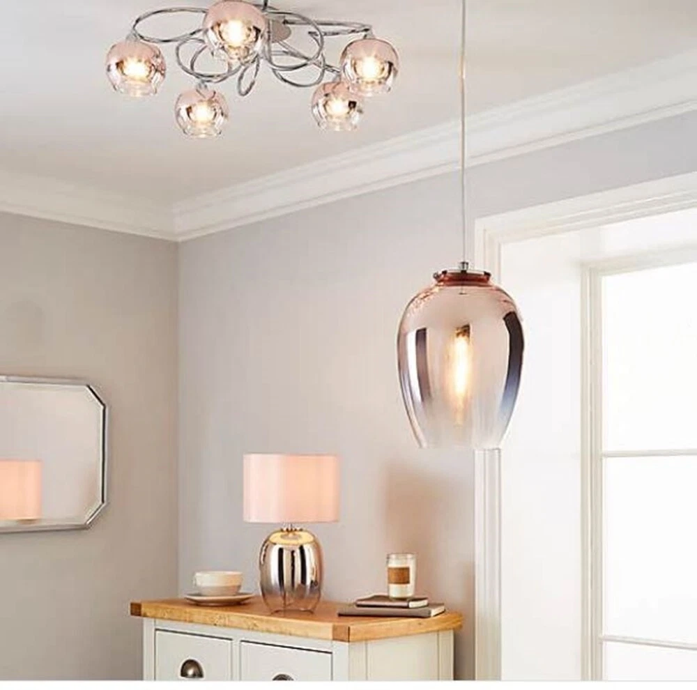 New Seychelles Mini Blush Pink Table Faux Silk Shade Lamp Sleek Chrome Detailing