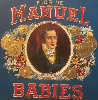 Antique Vintage 1900s - 1930s Flor De Manuel Babies Gold Embossed Cigar Label