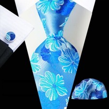 Classic Floral Blue White Jacquard Silk Men's Tie Necktie Hanky Cufflink Set