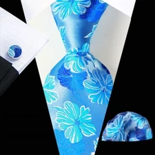 Classic Floral Blue White Jacquard Silk Men's Tie Necktie Hanky Cufflink Set