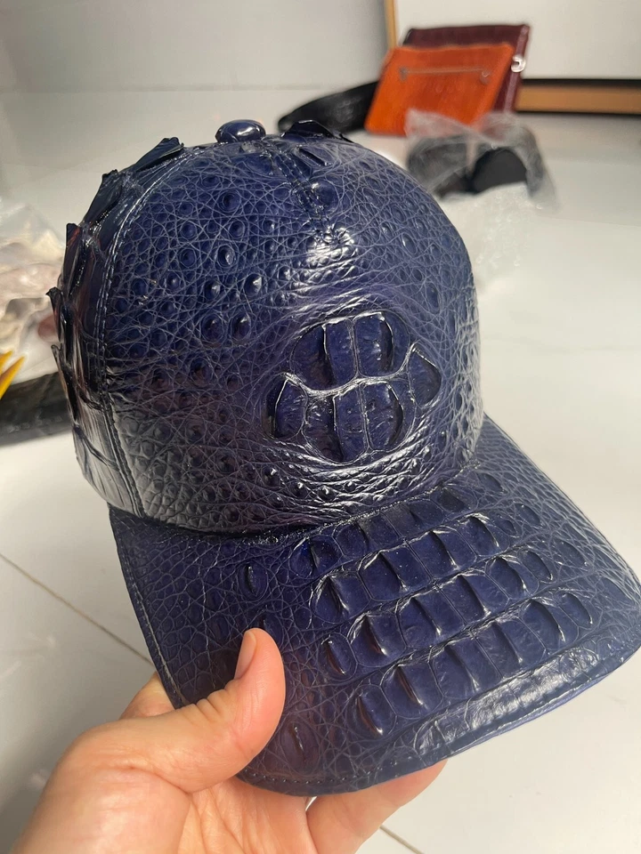 Gorra ajustable de cuero EXÓTICO 100 % real 100 % real azul marino hecho a mano Foto 2 de 4