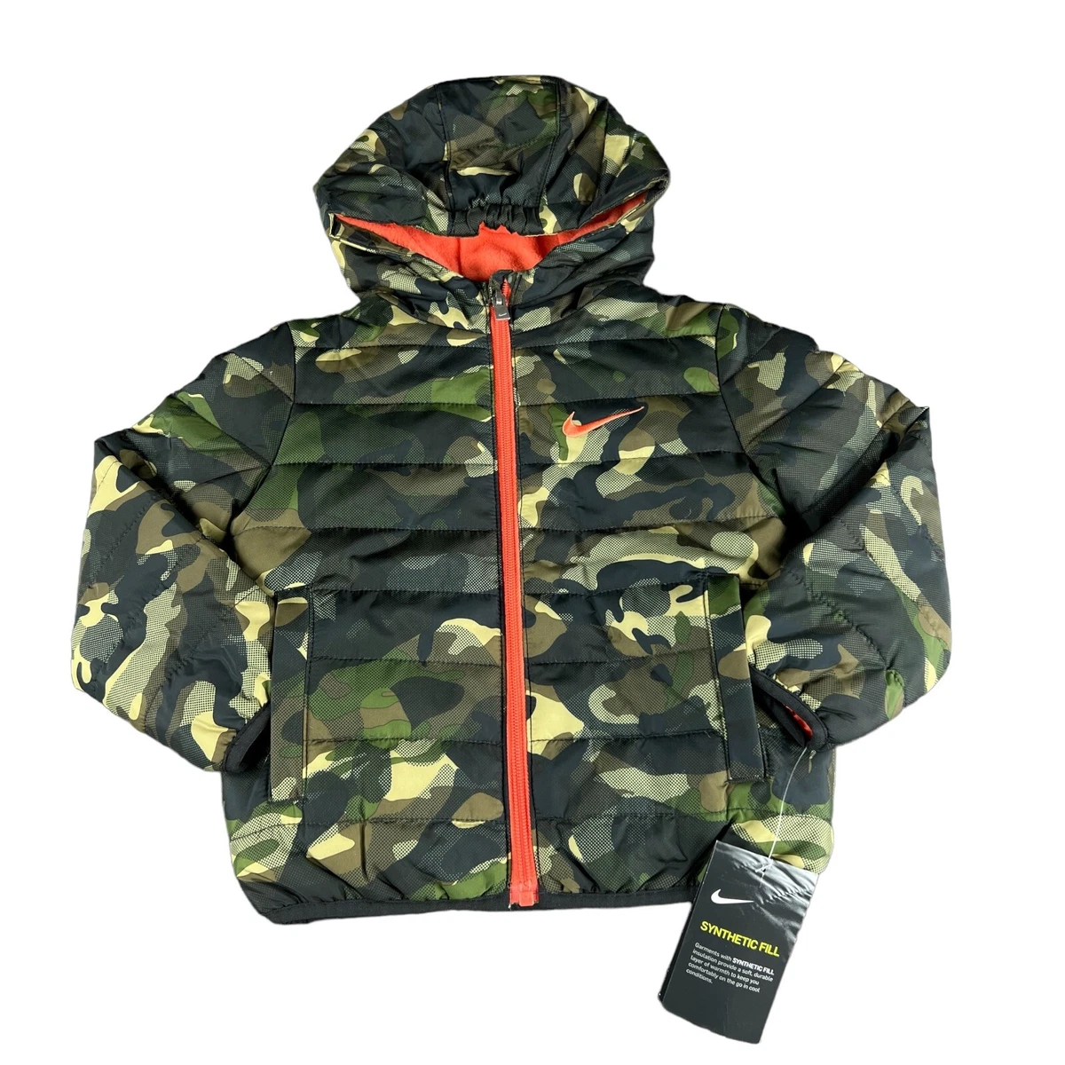 Nike Youth Boy s Therma Fleece Lined Army Camo Orange Jacket Size