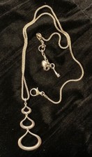 FOSSIL Silvertone necklace Tear-Drop with heart lock & key lobster clasp vtg