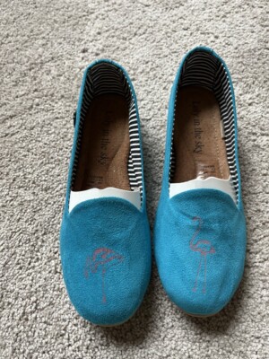 Loly in the Sky teal suede shoes with flamingos, new in box, 5.5