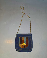 70sVintage Denim Small Blue Striped Shoulder Bag, Snap Closure, Gold Chain Strap