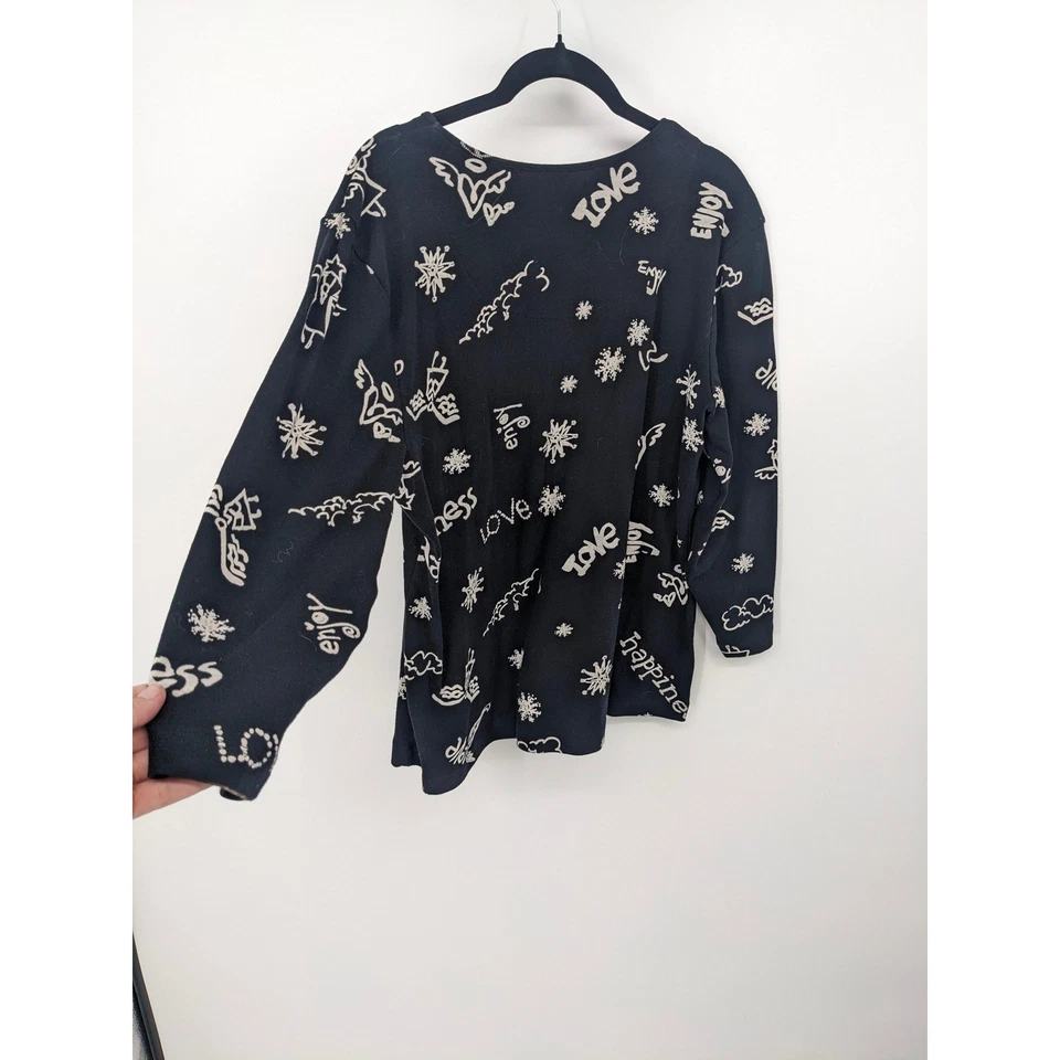 Chicos Top Womens XL Black Peace Graphic Long Sleeve Colorful Fun Cotton Shirt - Image 3 of 4