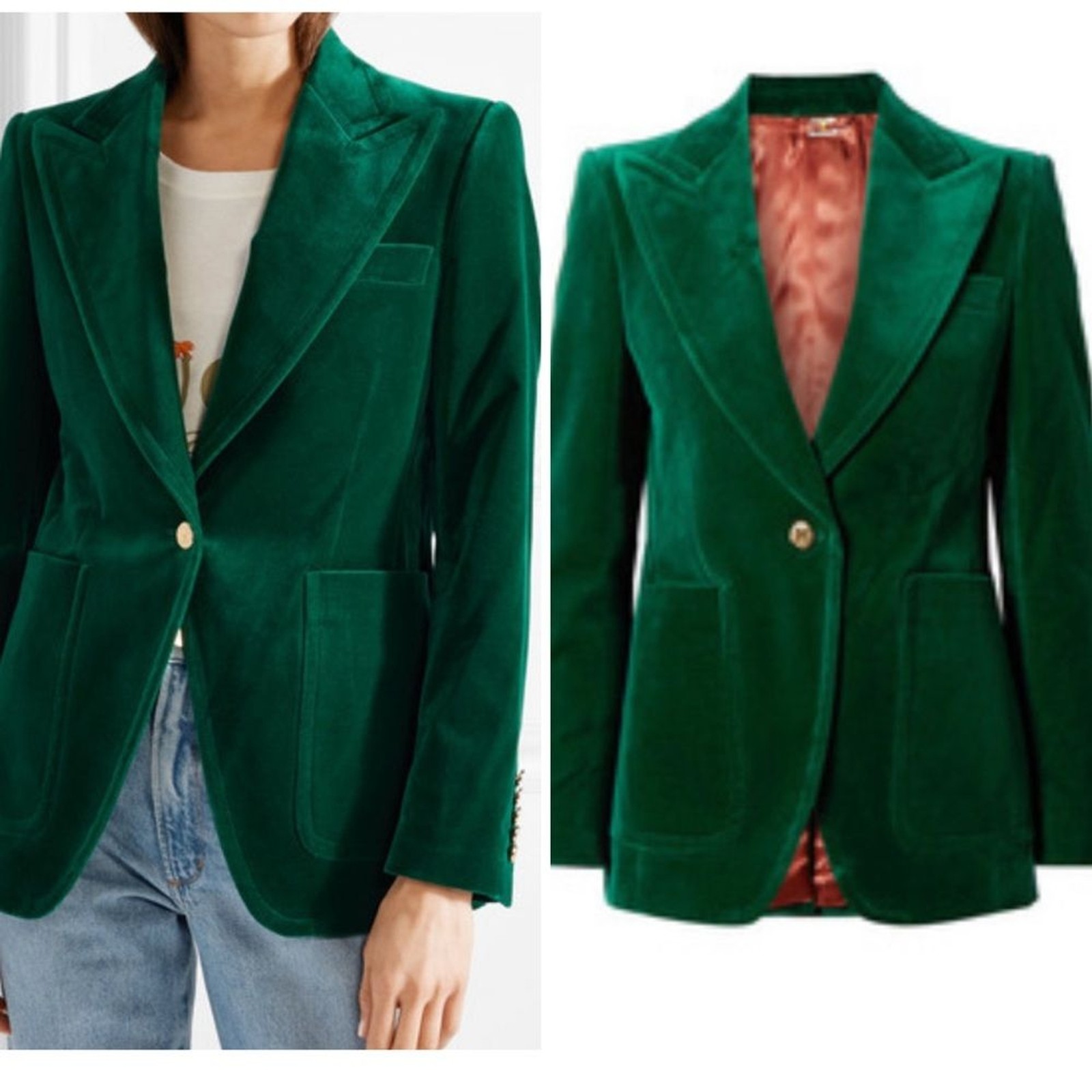 RRP US$4,500 Gucci women green velvet cotton blend blazer jacket IT44 US8