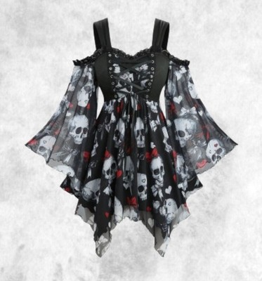 New Black Gothic Punk Skull Print Corset Flared Sleeve Blouse size 2XL 20 22 24