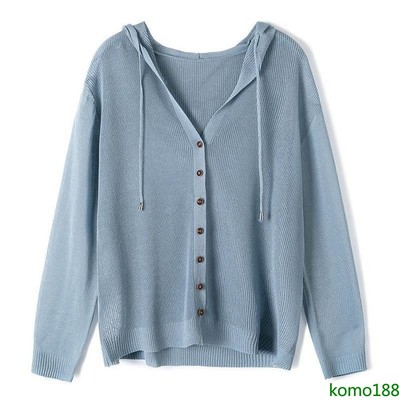 Women Ice Knitted Cardigan Thin Hollow Coat Hooded Knit Sweater Jacket Asia Size