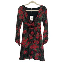 Free People Floral Polka Dot Mini Dress V-Neck Balloon Sleeve Size 0