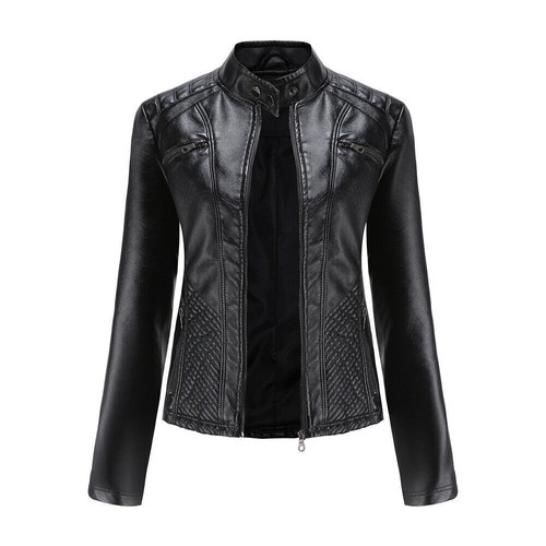 Women's Biker Jacket Slim Ladies Faux PU Leather Zip Formal Coat Casual Tops - Picture 20 of 25