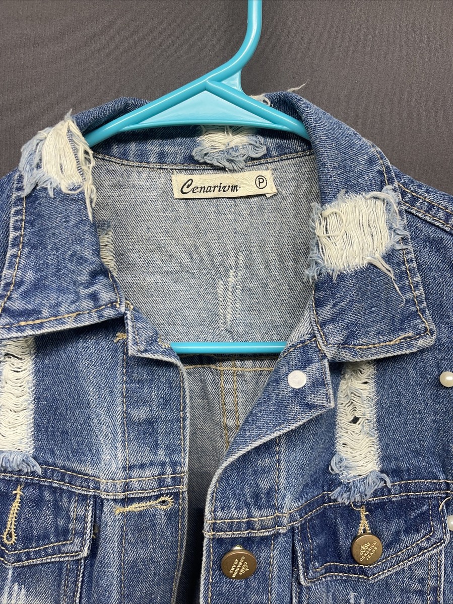 cenarivm Denim Jean Jacket Cut Off Sleeves Distressed White