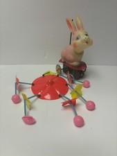 Vintage Working Wind Up Tin Plastic Celluloid Easter Bunny Umbrella HONG KONG