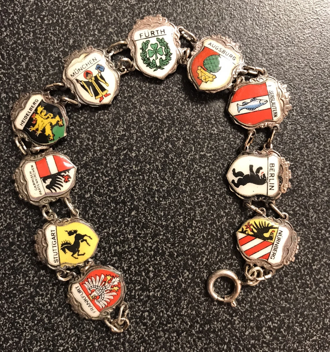 Vintage German Sterling Enamel City Shields Link Bracelet,60’s,Silver,Europe,WOW