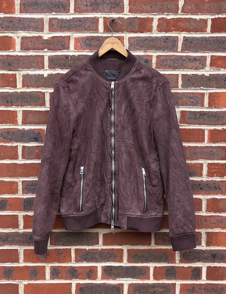 All Saints Mens KAIGO Suede Bomber Jacket XL Leather AllSaints Distressed Red Br - Image 2 of 4