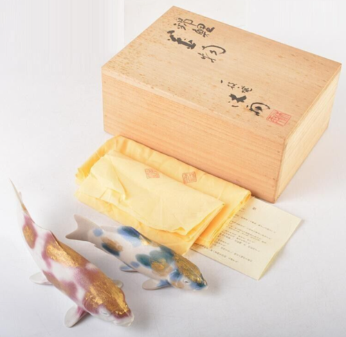 Japanische Keramik Keramik PAAR KARPFEN Nishiki-Koi Fisch Figur Ornament mit Box FS - Bild 1 von 10