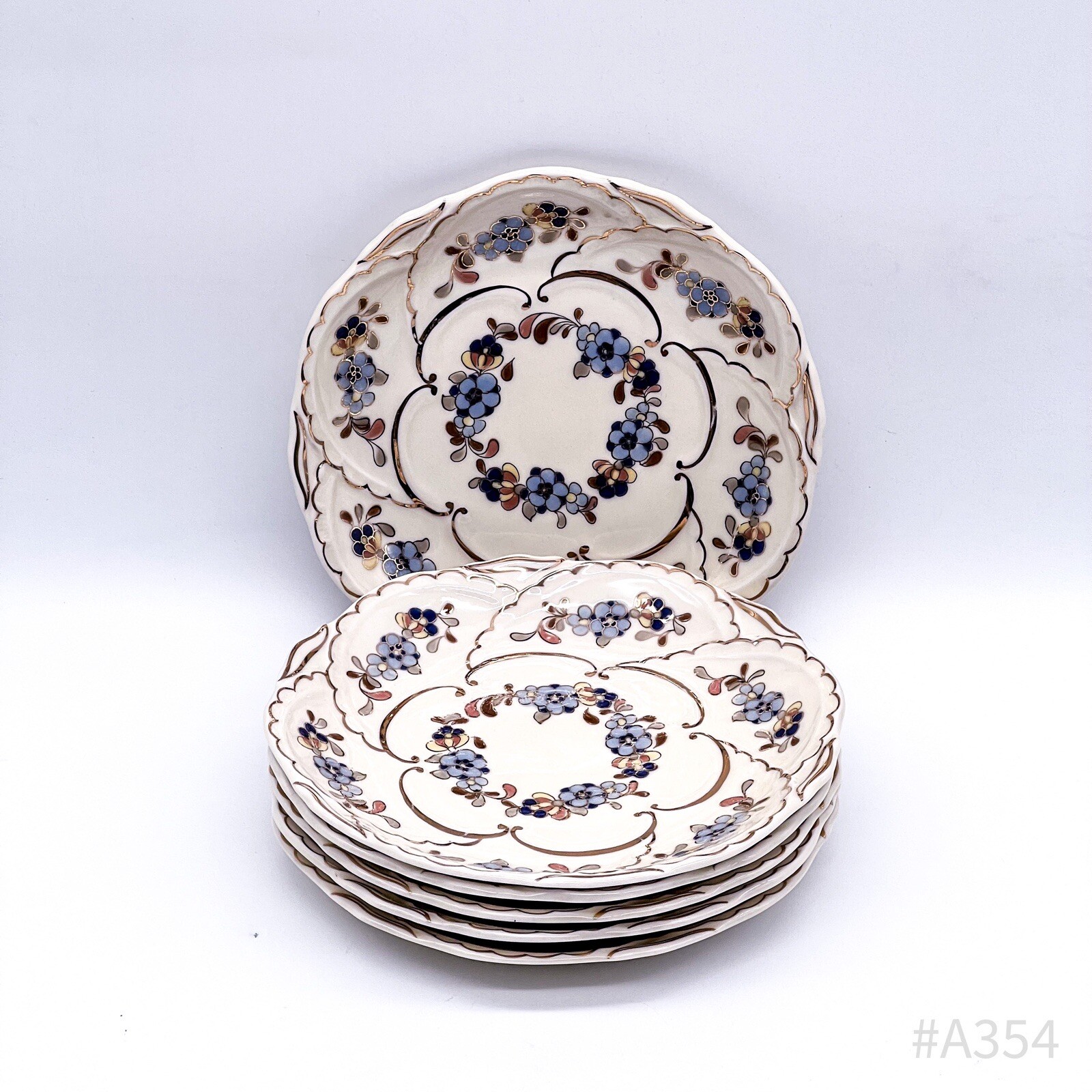 6er Set Zsolnay Hungary Pecs Dessert„ Blue Cornflower “Hand Painted 6