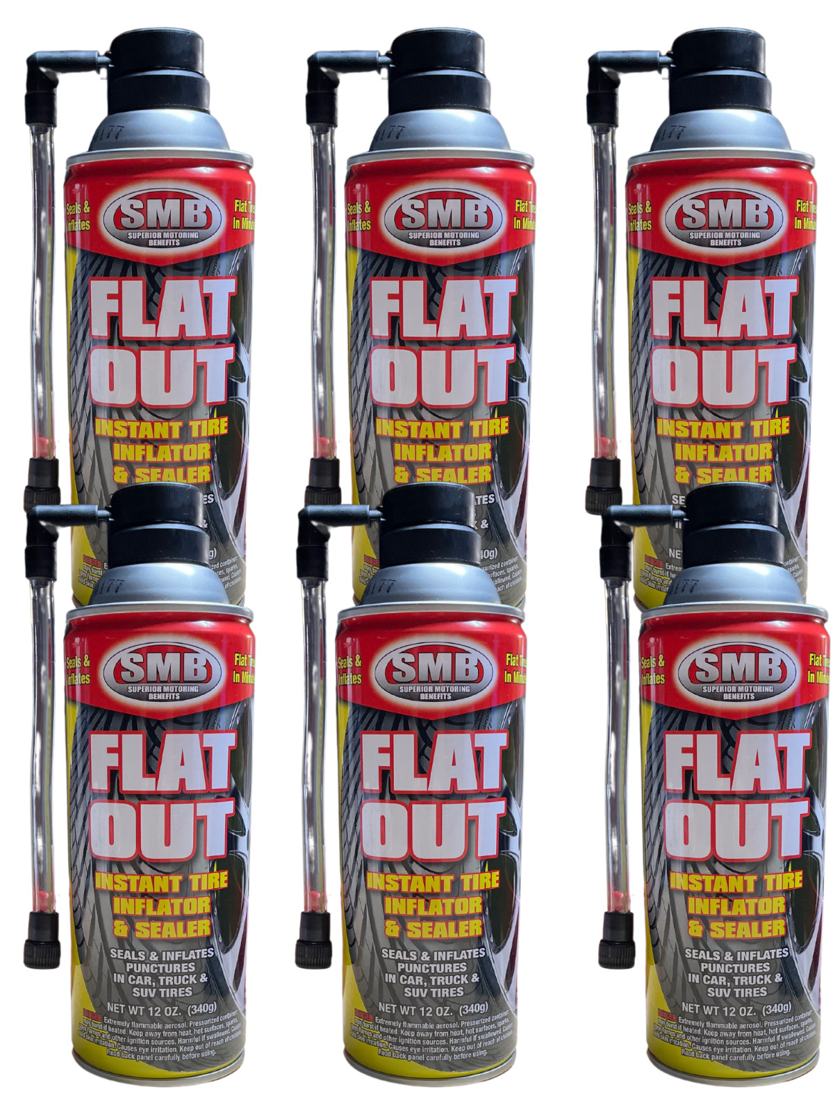 Flat Out Fix a Flat Emergency Tire Inflator and Sealer - (6) 12oz Can With Hose