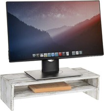 MyGift 2 Tier Rustic Whitewashed Wood Computer Monitor Stand and Desktop Shelf