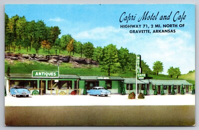Capri Motel & Cafe Gravette Arkansas Old Cars c1950 Postcard