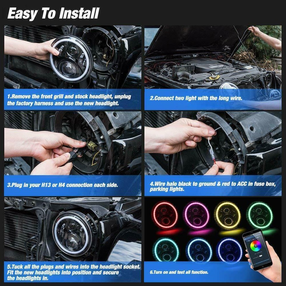 RGB LED Headlights & Fog Lights Combo For Jeep Wrangler JK/JKU 2007-2017 - 7" & 4" Kit
