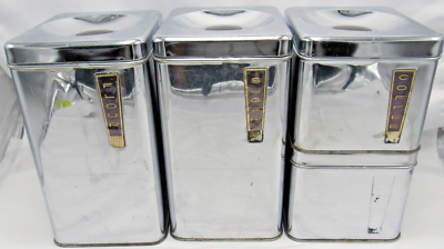 Vintage Lincoln BeautyWare Chrome Canister Set of 4 w/ Lids MCM
