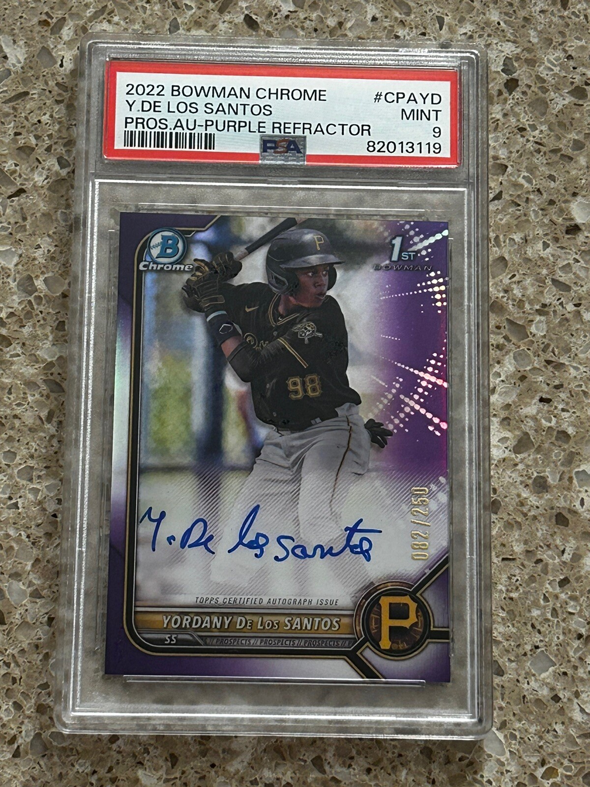 Yordany De Los Santos 2022 Bowman Chrome 1st Purple Refractor Auto /250 PSA 9
