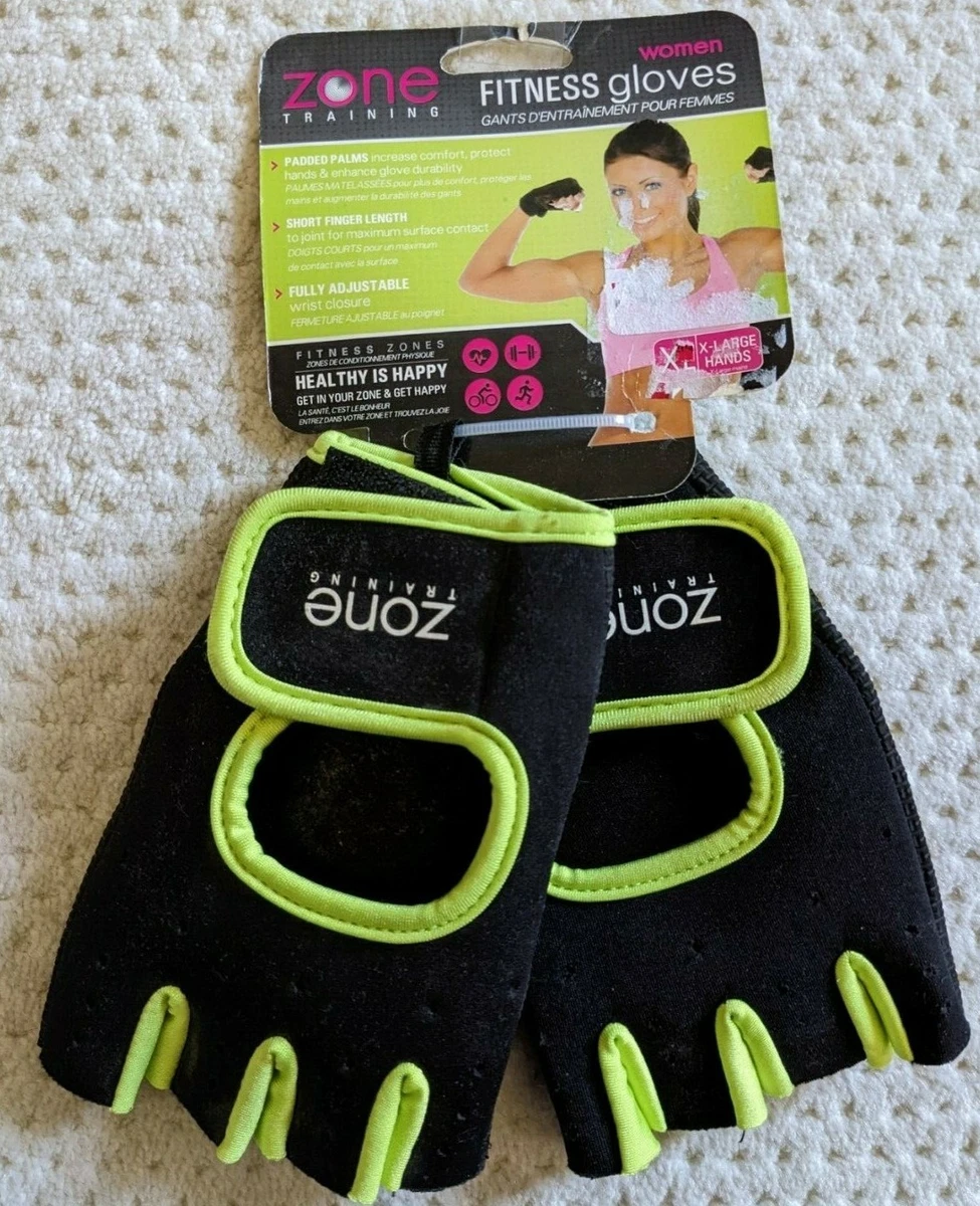 NWT ZONE TRAINING Women's FITNESS GLOVES~Black Lime Green Padded Palms, XL